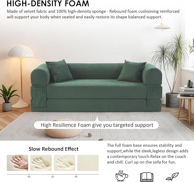 80" Convertible Sofa Bed, 3-in-1 Corduroy Folding Pull Out Couch with Pillows, No Assembly Modern Boneless Couch Compression Sofa in Box, Floor Sofa with Side Storage for Living Room,Light Green