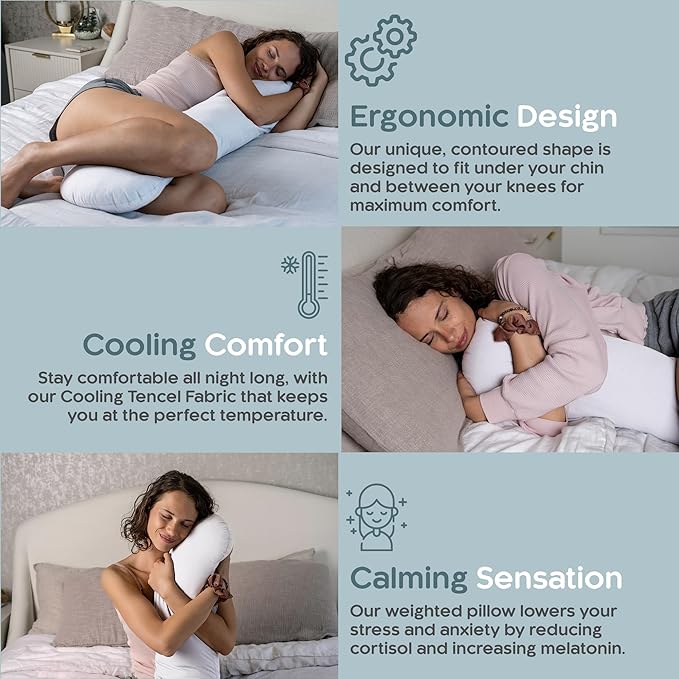 Weighted Body Pillow 6.5lbs - Weighted Pillow for Deeper Sleep (41” x 10”) - Cooling Body Pillows for Adults, Full Body Pillow for Adults, Side Sleeper Body Pillows with Cover (White)