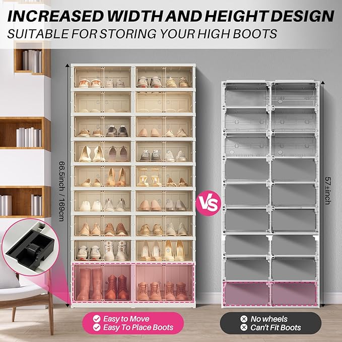 Redlife 9 Tier 36 Pairs Foldable Shoe Rack Organizer, Clear Portable Plastic Shoes Rack, Collapsible Shoes Storage Box with Lids Door, Large Tall Shoe Cabinet for Closet