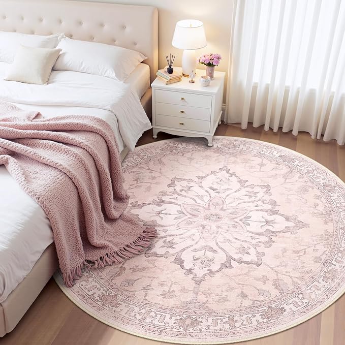 Area Rugs 8ft Washable Non-Slip, Floral Vintage Distress Print Pattern Medallion Carpet for Living Room Bedroom Dining Room, Pink Greypink Cute