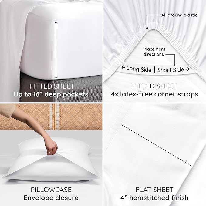 Bambaw King Sheets Set 4pcs – 100% Viscose Derived from Bamboo Sheets King Size Deep Pocket, Fits Up to 16'', Luxury Bedding, Super Soft Sheets King Size, Cooling Sheets King Size (White)