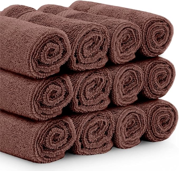 White Classic Luxury Cotton Washcloths 13x13 Inch - 650 GSM Turkish Cotton | Hotel, Spa, Bathroom Face Towel | 12 Pack, Brown