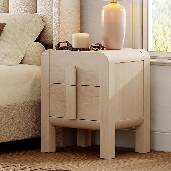 WAMPAT 23.7" Tall Modern Nightstands Set of 2, Wood Nightstand with Charging Station, Bedside Table w/2 Storage Drawers, Curved Profile Design, Sofa Side Table Accent Table for Bedroom, Beige