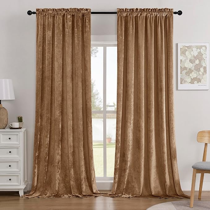 SMILETIME Amber Beige Crushed Velvet Curtains 52x96inch Rod Pocket Luxurious Thermal Insulated Soundproof Drapes Soft and Durable Light-Filtering Window Treatments for Living Room Bedroom, 2 Panels