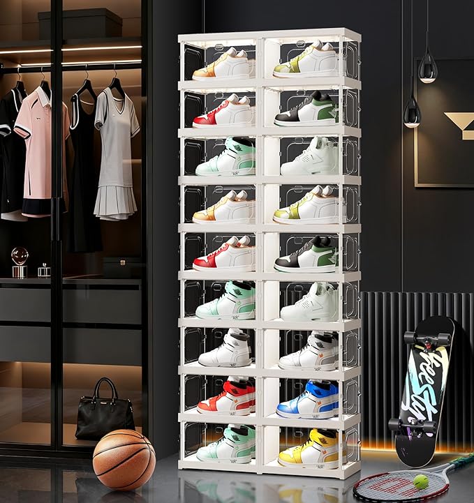 9-Tier 18-Pairs Foldable Shoe Rack with Magnetic Doors,4-Sided Clear Design,Taller Storage for High Shoes & Sneakers,Stackable Shoe Storage Cabinet Space-Saving Organizer for Closet,Cloakroom