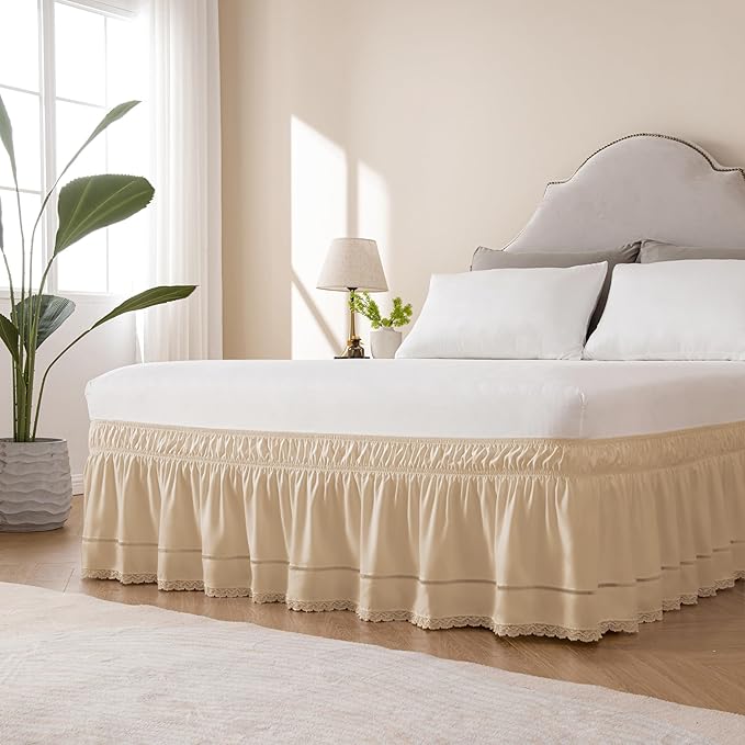 MIYE Wrap Around Ruffled Lace Bed Skirt, Elastic Dust Ruffle with Adjustable Belts, Easy to Put On, Bed Frame Cover, Machine Washable (Floral Lace/Beige, Full/Twin-15 Drop)