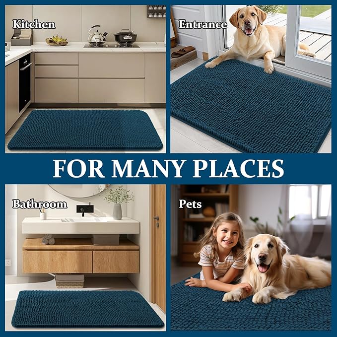 OLANLY Dog Door Mat for Muddy Paws 44x24, Absorbs Moisture and Dirt, Absorbent Non-Slip Washable Doormat, Quick Dry Chenille Mud Mat, Entry Indoor Entryway Carpet for Inside Floor, Atlantic Blue