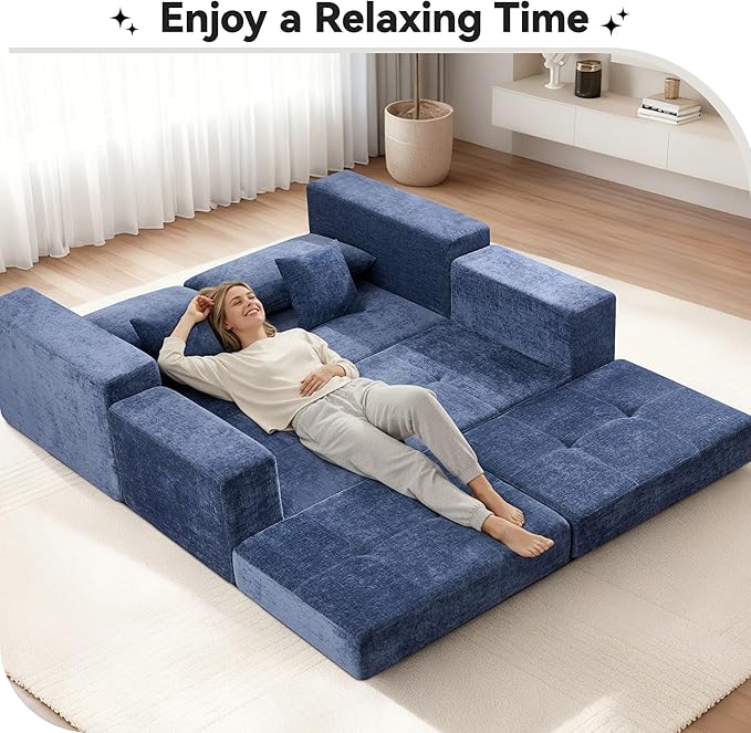 Boneless Sectional Loveseat Couch with Ottoman, Convertible Tufted Button Modular Floor Sleeper Sofa Bed, Comfy Foldable Compression Love Seat Sofa for Living Room, No Assembly, Blue