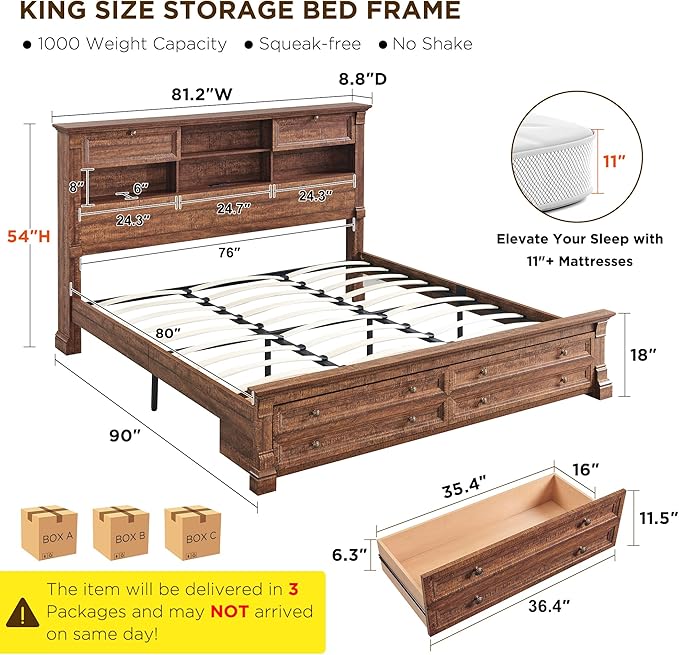 Farmhouse King Size Bed Frame with 54" Tall Storage Bookcase Headboard, Wood Platform Bed Frame with 18" Tall Roman Column Decoration Footboard & 2 Drawers, No Box Spring Needed(Reclaimed Barnwood)