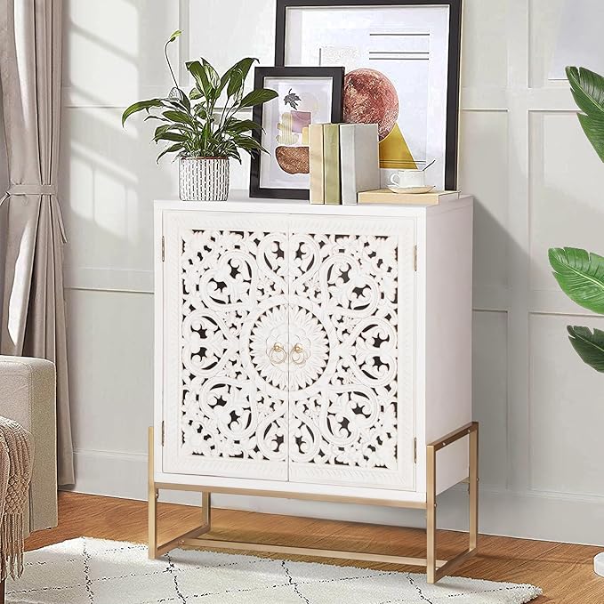 PHI VILLA White Accent Cabinet with Doors, Hollow Carved Small Buffet Sideboard, 2 Door Storage Cabinets
