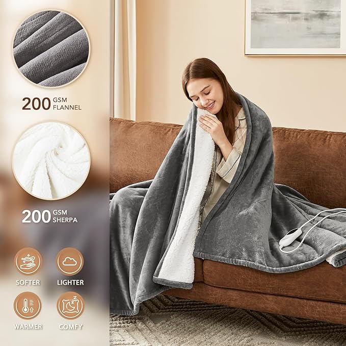 Homemate Electric Heated Blanket Full Size - 72"x84" Heating Blanket Full Size 1/2/4/6/8 Hours Auto-Off 10 Heat Level Over-Heat Protection Flannel Sherpa ETL Certification