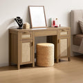 SICOTAS Rattan Vanity Home Office Desk - 52" Large Farmhouse Boho Makeup Vanity Dressing Table with 3 Drawers & 2 Storage Cabinets, Vanities Desk for Makeup Room,Bedroom, Home Office, Oak