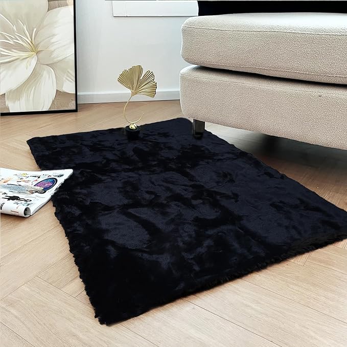Latepis Small Black Fluffy Rug 2x3 Throw Faux Rabbit Fur Soft Rug Washable Furry Shag Rugs for Bedroom, Dorm, Nursery, Chair Seat Cover, Shaggy Cute Rugs for Room