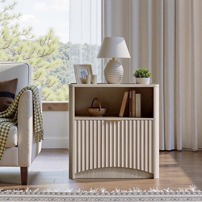 Evermagin Fluted Nightstand Set of 2, Bedside Table with Drawer and Storage, Wood End Table Mid Century Modern, Large Night Stand for Bedroom, White Alder