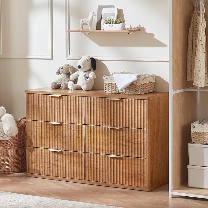LEYAOYAO Fluted 6 Drawers Dresser Set of 2, 48" Wide Modern Chest of Drawers with Metal Handle, Brown Curved Profile Dresser TV Stand, Wooden Drawer Organizer for Bedroom, Living Room, Hallway
