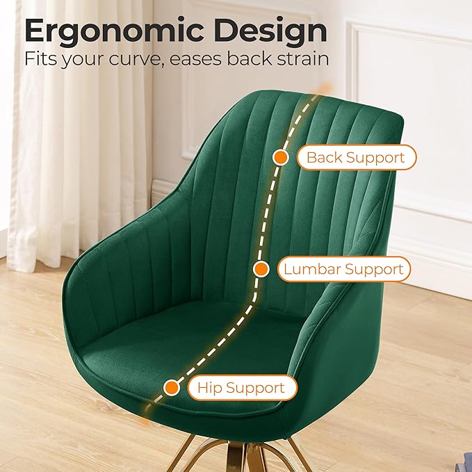 Zouron Mid Century Modern Swivel Accent Chair with Gold Metal Legs, Upholstered Swivel Chair No Wheels, Side Accent Arm Chair Vanity Chair for Small Space Home Office Living Room Bedroom, Green