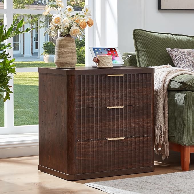 LEYAOYAO Fluted Farmhouse Nightstand Set of 2 with Charging Station, 23" Wide 3 Drawers Night Stand,Walnut Dresser for Bedroom,Bed Side Table Chest of Drawers,Wood End Table for Living Room
