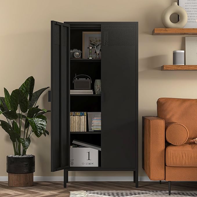COFaR 4 Tier Black Metal Storage Cabinet, Free Standing with 2 Doors, 3 Adjustable Shelves and Legs, Cupboard Metal Cabinet for Living Room, Kitchen, Dining Room, Office