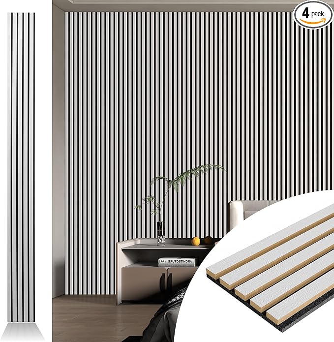 Art3d 4pcs-107 x 8in Slat Acoustic Panel for Wall and Ceiling, 3D Fluted Sound Absorbing Panel with Wood Finish, Silver