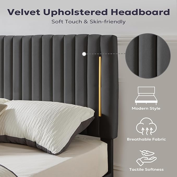 Queen Platform Bed Frame, Velvet Upholstered Bedframe with Vertical Channel Adjustable Headboard, Golden Plating Trim, Mattress Foundation with Wooden Slats, No Box Spring Needed, Grey