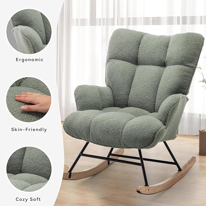 Rocking Chair Nursery Teddy Upholstered Glider Rocker Rocking Accent Chair Padded Seat with High Backrest Armchair Comfy Side Chair for Living Room Bedroom Offices (Light Green Teddy)
