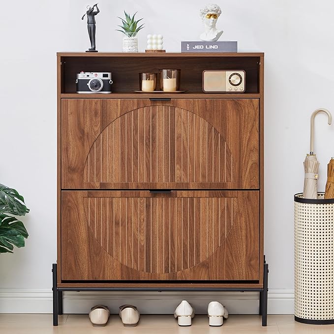 47" Fluted Large Shoe Cabinet with 4 Flip Drawers, Slim Freestanding Shoe Cabinet Organizer, Narrow Shoes Storage Rack for Entryway, 5 Sturdy Legs (All Walnut-2 drawers, 9.45"D x 31.5"W x 41.93"H)