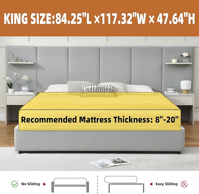 King Bed Frame with Storage & Built-in Nightstands, Velvet Upholstered Platform Bed Frame with Drawers & 2 Floating Storage Shelves, Noise-Free, No Box Spring Needed, Easy Assembly, Gray