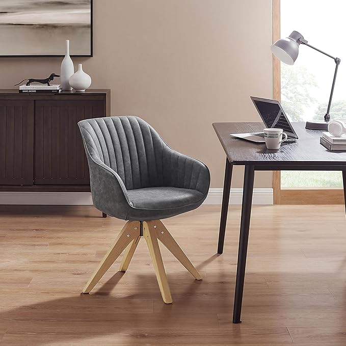 Zouron Mid Century Modern Accent Chair with Oak Wood Legs, Upholstered Swivel Chair No Wheels, Side Accent Armchair Vanity Chair for Small Space Home Office Living Room Bedroom, Gray