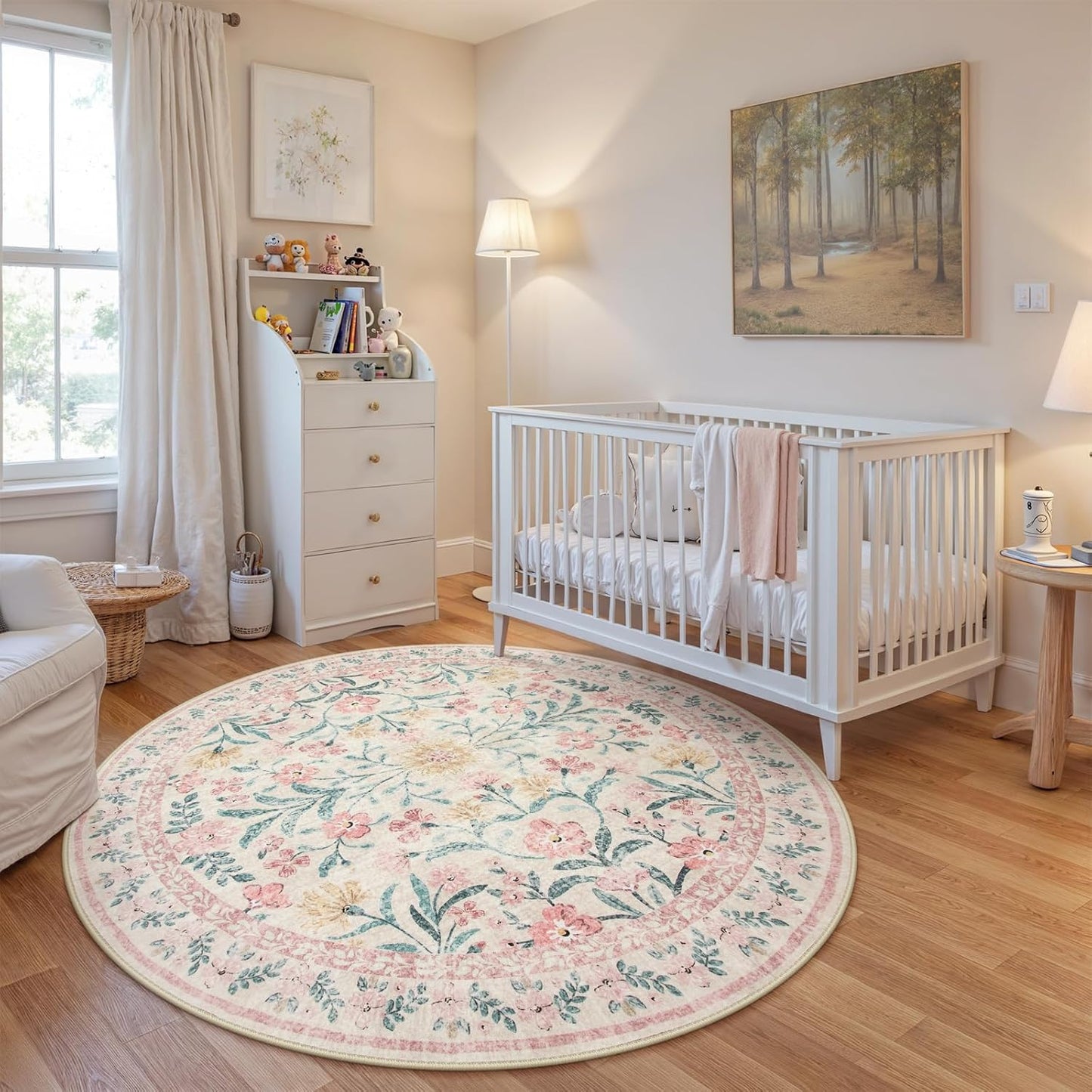 Wonnitar Washable Round Rugs 6ft, Pink Floral Circle Rug Large Round Carpet for Bedroom, Boho Soft Ultra-Thin Circular Carpets for Kids Playroom Living Room Nursery