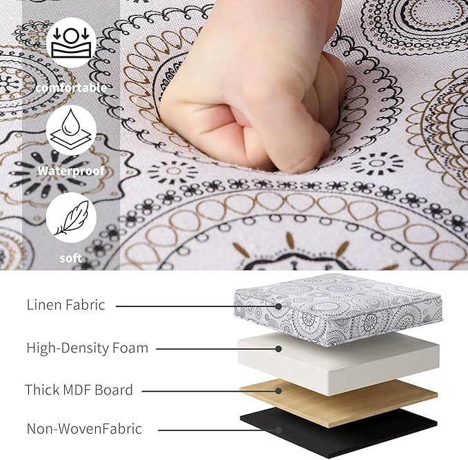 Adeco 17" Square Ottoman with Storage, Small Mandala-Persian Flower Pattern Storage Ottoman Foot Rest with Hinged Lid & Solid Wood Legs, Linen Fabric Foot Stool for Living Room & Bedroom