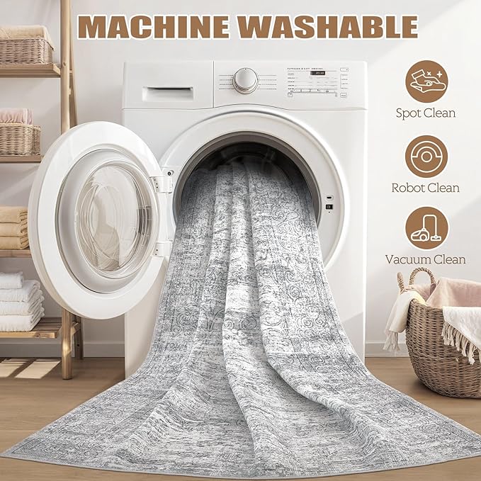 Area Rug Living Room Rugs - 7x9 Large Soft Indoor Neutral Modern Abstract Low Pile Washable Rug Carpet for Bedroom Dining Room Farmhouse Home Office - Vintage Grey