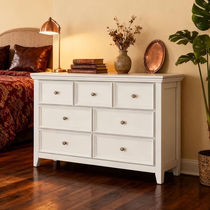 White Dresser for Bedroom, White 7 Drawers Dresser, Modern 7 Chest of Drawers, Closet Dresser, Farmhouse Dresser with 7 Storage Drawers Cabinet for Home Office, Study Room