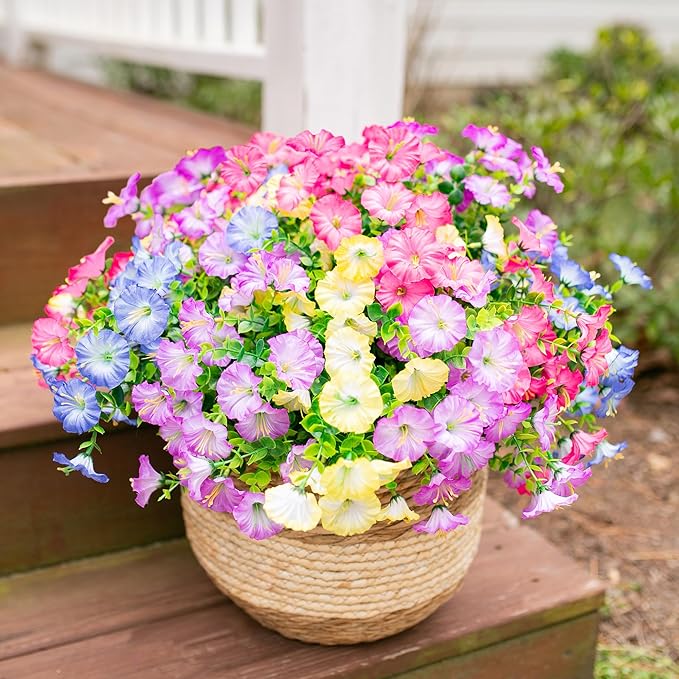 Artificial Flowers Fake Plants for Outdoors Decoration, 12 Bundles Silk Morning Glory with Eucalyptus Realistic UV Resistant Faux Flowers for Outside Planter Porch Yard Patio Garden Home Indoor, Mix