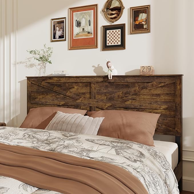 King Size Bed Frame with Farmhouse Headboard, Rustic Boho Wooden Bedframe with LED Lights and Charging Station, Easy Assembly, No Box Spring Needed (Brown, King)