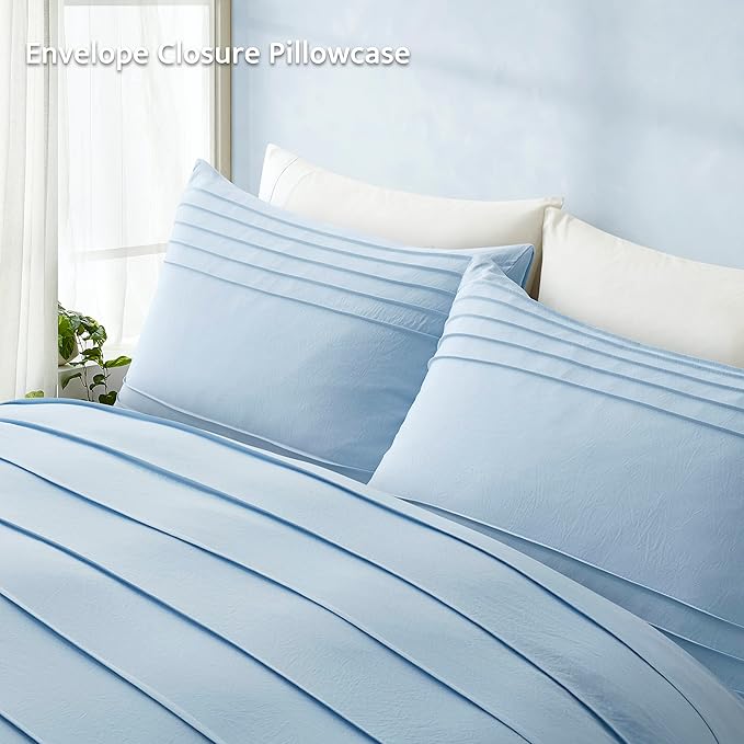 Oli Anderson Airy Blue Duvet Cover King Size - Pleated King Duvet Cover, 3PCS Soft and Breathable Textured Bedding Set with Zipper Closure(Airy Blue,104"x90")