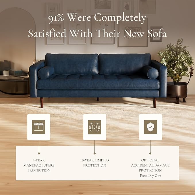 Poly & BARK Napa 88.5" Leather Sofa – Full-Grain Italian-Tanned Aniline Leather, Feather-Down Comfort, Solid Wood Frame, Walnut Legs, Midnight Blue