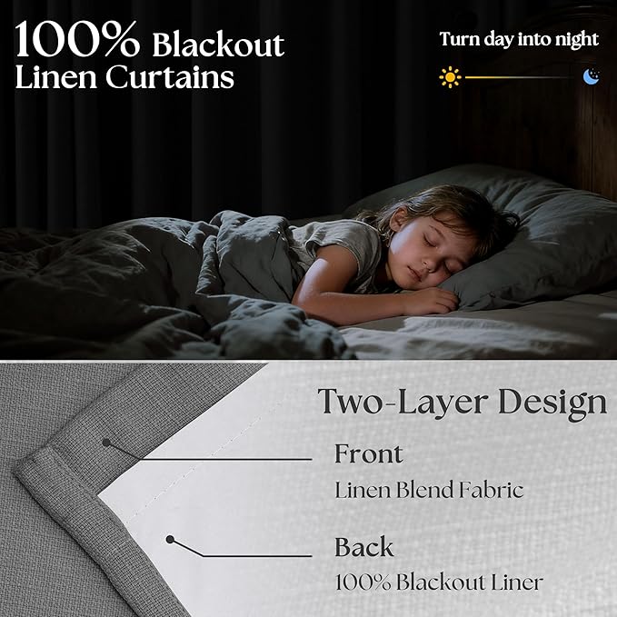 Dark Grey Pinch Pleated Blackout Curtains 108 Inches Long for Bedroom 100% Black Out Thick Linen Dual Layer Pleated Drapes Farmhouse Country Charcoal Gray 108 Inch Curtain for Dining Living Room