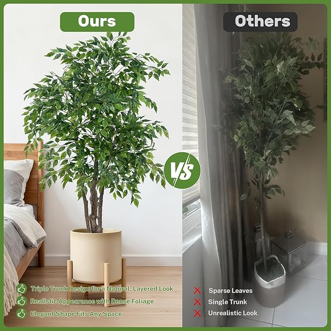 Ficus Tree Artificial with Triple Trunks, 5.5ft Fake Ficus Tree in Black Pot, Tall Artificial Tree Potted Plant for Indoor Outdoor Home Office Living Room Patio Bedroom Decor