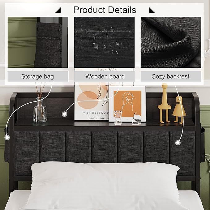 16 Inch Twin Bed Frames with Upholstered Storage Headboard, Sturdy Single Bed Frame, No Box Spring Needed Twin Platform, Black