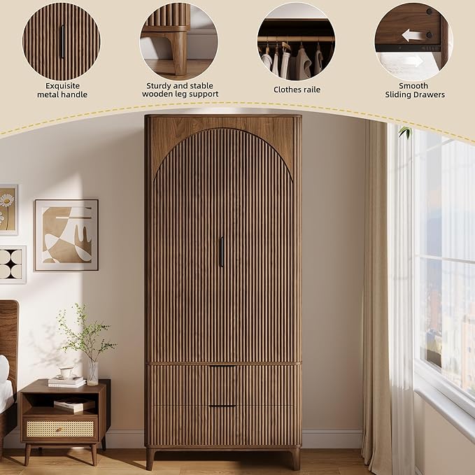 70.1" Arched Wooden Armoire Wardrobe Closet with 2 Doors and 2 Drawers, Fluted Bedroom Armoire with Hanging Rod Shelf, Clothing Storage Cabinet, Wardrobe Armoire Closet Cabinet for Bedroom