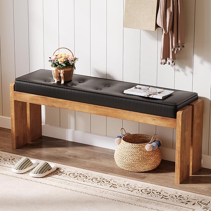 47-Inch Solid Wood Entryway Bench, Modern End of Bed Bench with Button-Tufted Leather Pad and Wooden Legs, for Living Room, Bedroom, Kitchen, Hallway, Black & Brown
