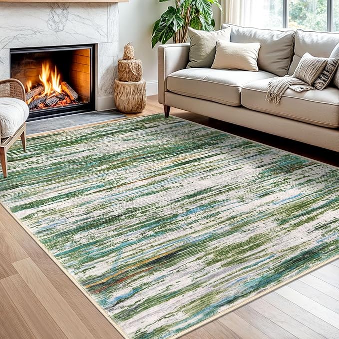 5x7 Modern Abstract Area Rug for Bedroom, Green Grey Multi Large Green Grey Multi Super Soft Washable Rug, Non-Slip Non-Shedding Rugs for Living Room, Indoor Door Mat for Nursery Home Décor