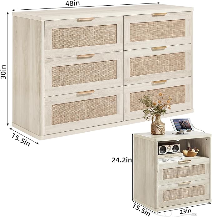 LEYAOYAO Rattan Dresser and Nightstand Set of 2, Boho Wood Dresser for Bedroom with 6 Drawers and Night Stand with Charging Station, Bedroom Furniture, Dressers & Chests of Drawers,Living Room,Hallway