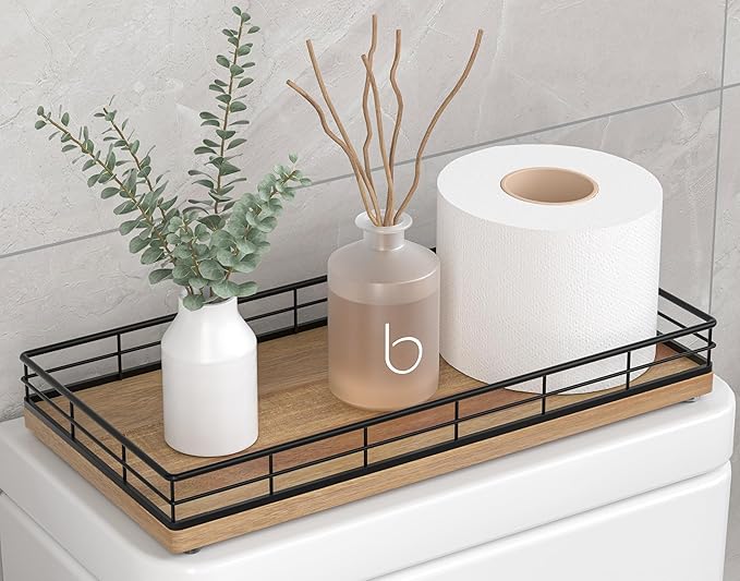 Toilet Paper Basket Organizer – Acacia Wood Toilet Tank Tray with Metal Frame, Back of Tank or Top Bathroom Counter Storage – Black & Acacia Modern Decor