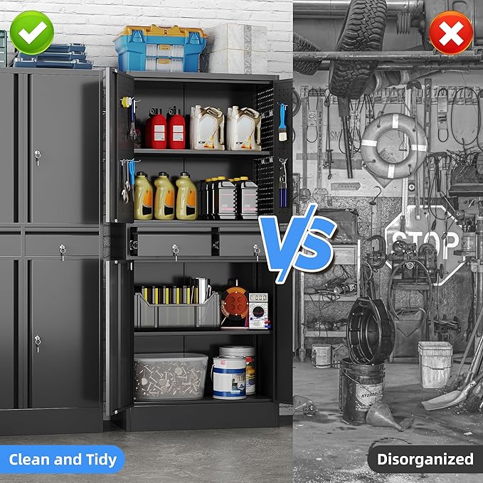Garage Storage Cabinet, Metal Storage Cabinet with 2 Drawers and 2 Adjustable Shelves, Metal Lockers with Pegboards for Homes, Offices, Kitchens, Schools and Pantries