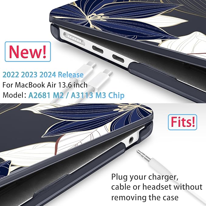 Mektron for 2025 M4 MacBook Air 13.6 Inch A3240 Case Fits 2023 A2681 M2 2024 A3113 M3 Chip with Liquid Retina Display Touch ID, Printed Plastic Hard Shell Cover for MacBook Air 13.6", Gold line Lily