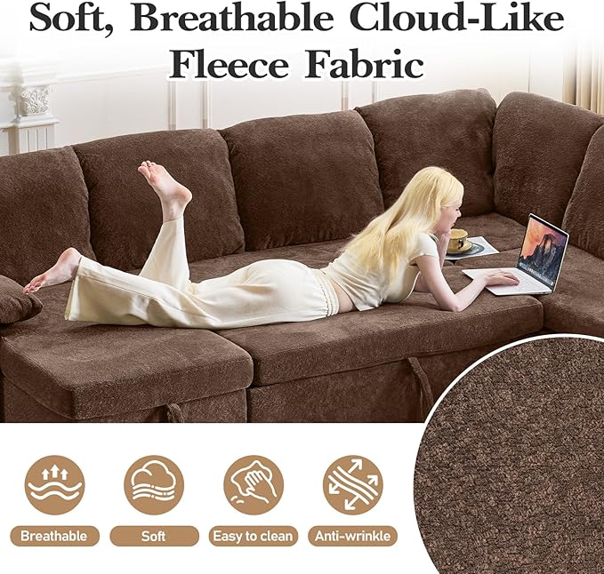 VINGLI Convertible Sofa Bed Couches for Living Room, Sleeper Sofa with Pull Out Couch Bed, Cloud-Like Plush Fleece U-Shape Sectional Couch with Storage Chaise, USB Charging, Side Pockets