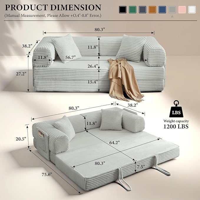Boneless Couch Folding Couches for Living Room Sofa, Futon Sofa Bed with Sleeper Sofa, Futon Couch with Fixed-Shape Oversized Corduroy Upholstered (Light Grey, 81 Inches)