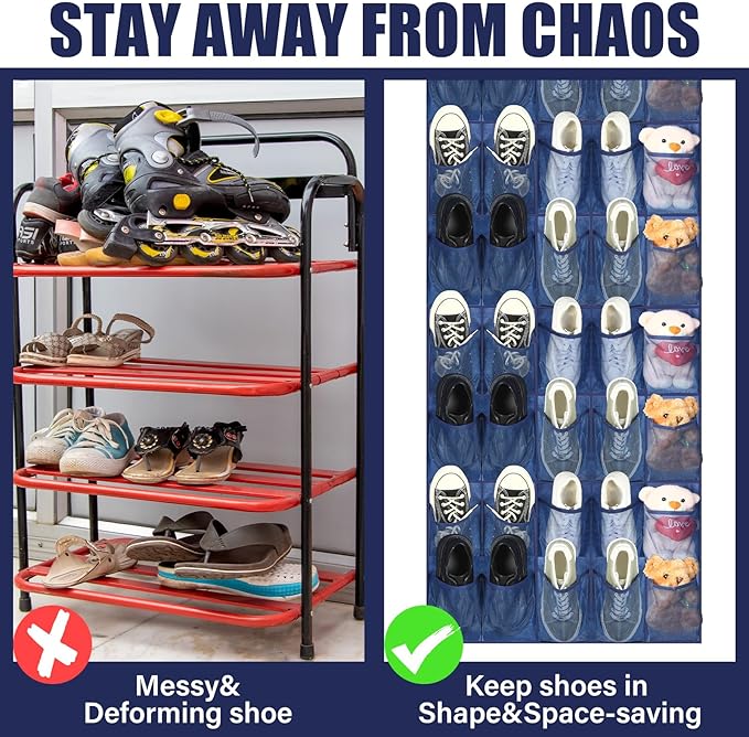 Windyun 40 Large Over the Door Hanging Shoe Organizer Navy Blue Mesh Pockets Shoe Rack for Closet Behind Door Hanger Storage Holder Nonslip for Cruise Essentials, Dorm Room Storage, Utility Room