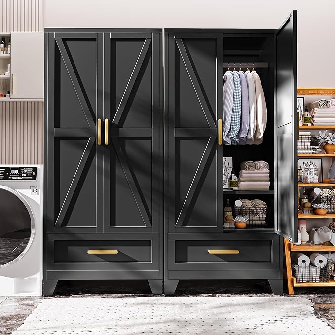 Metal Armoire Wardrobe Closet,71" Tall Black Storage Cabinet with Hanging Rod,2 Drawers & Adjustable Shelves,Heavy-Duty Steel Wardrobe for Bedroom, Garage, and Office